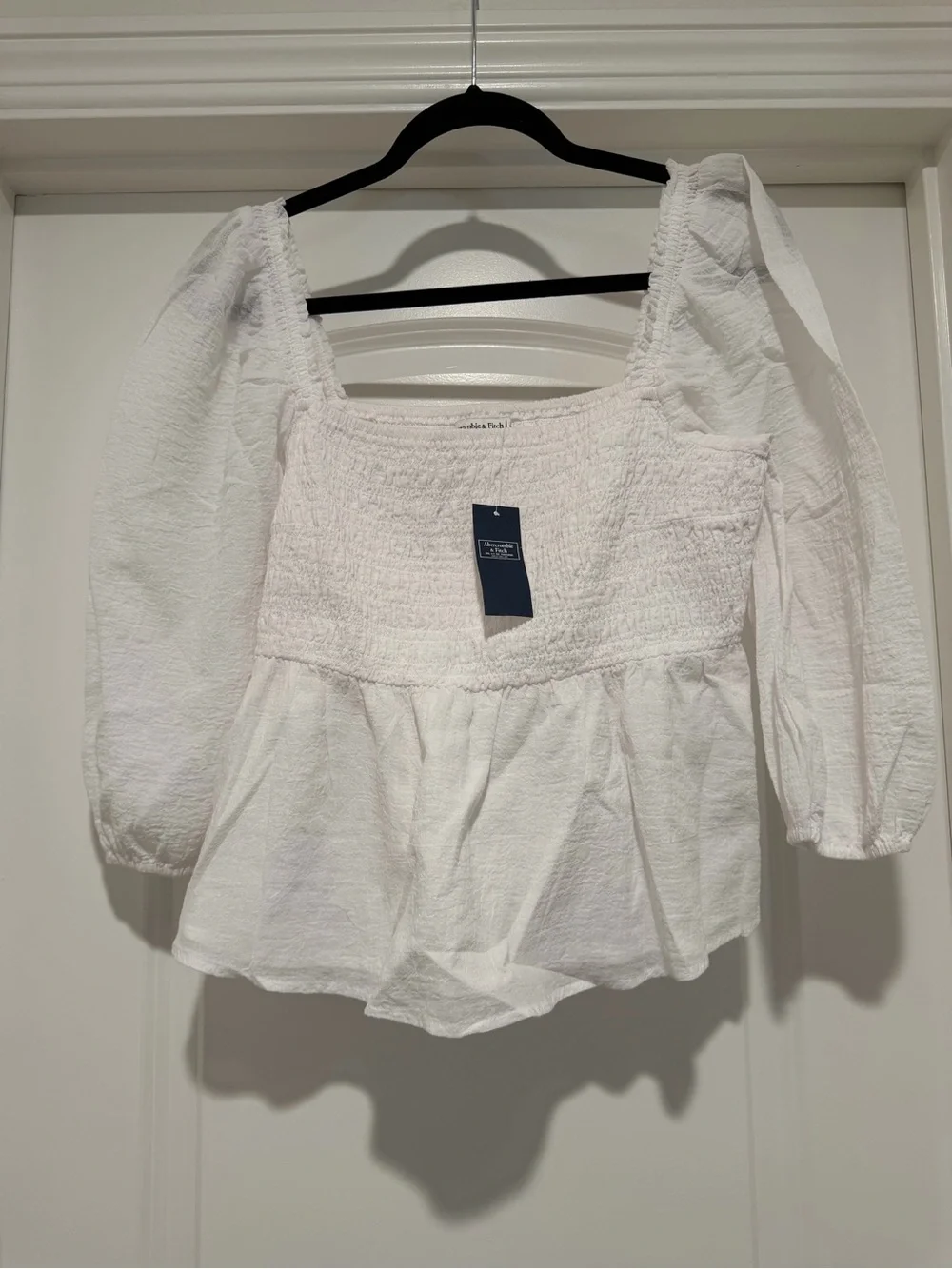 Size XL - Abercrombie & Fitch White Smocked Square-Neck Peplum Blouse